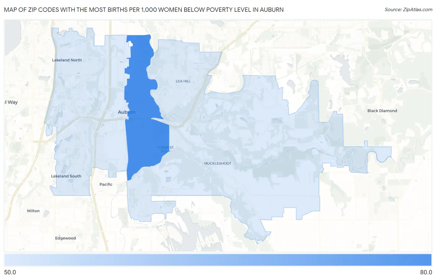 Zip Codes with the Most Births per 1,000 Women Below Poverty Level in Auburn Map