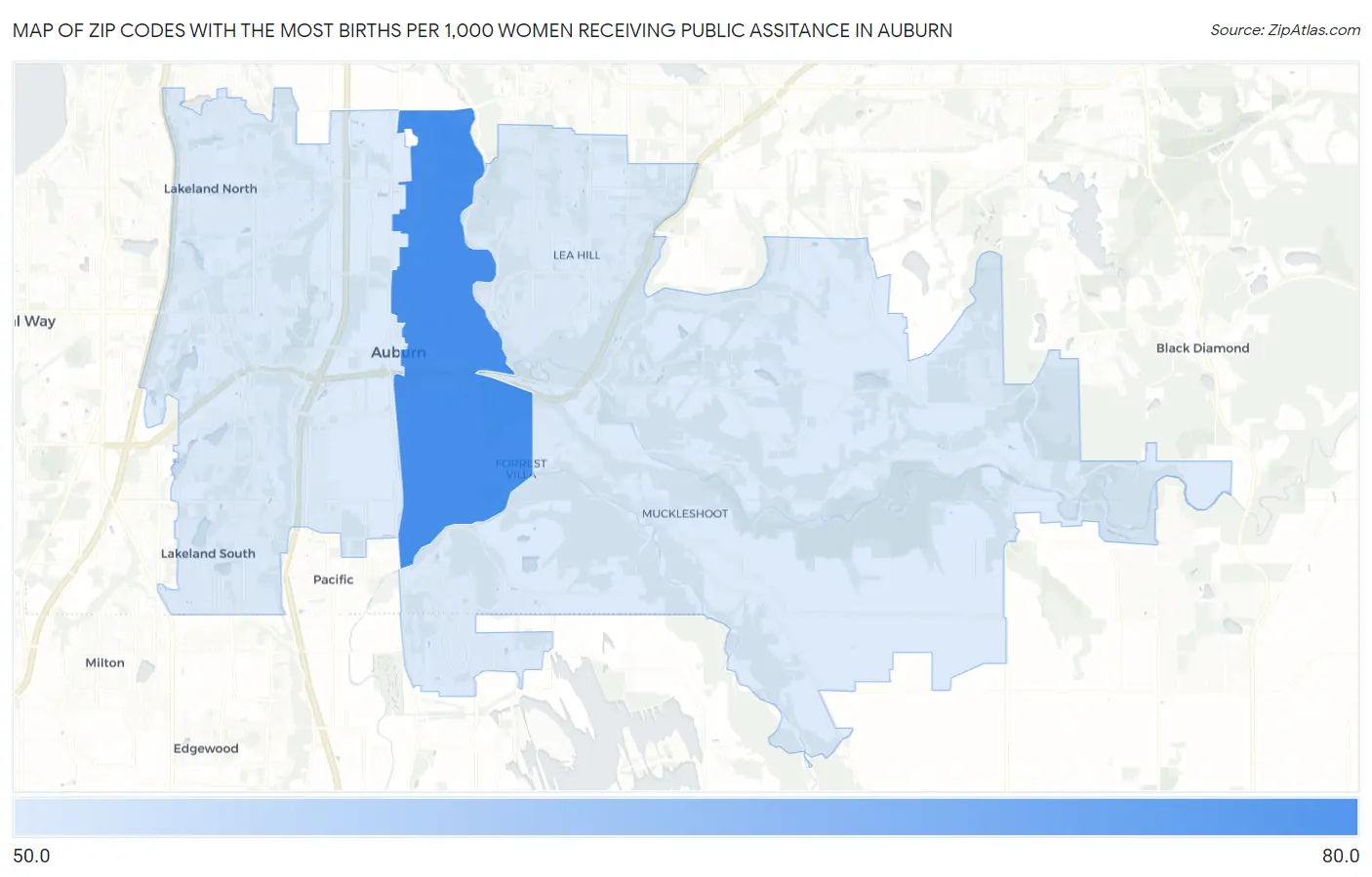 Zip Codes with the Most Births per 1,000 Women Receiving Public Assitance in Auburn Map