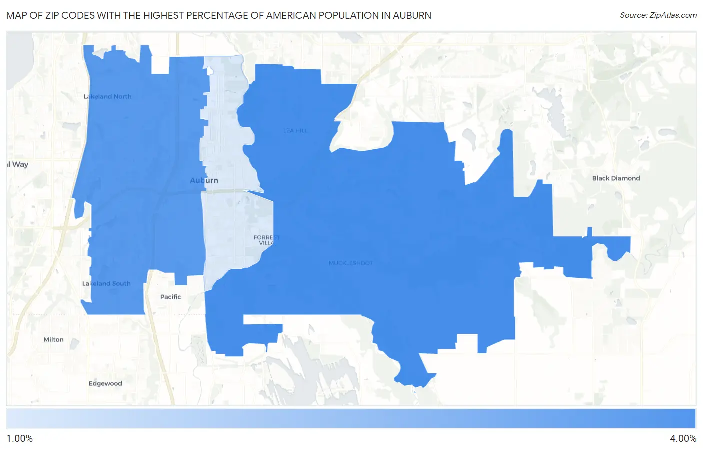 Zip Codes with the Highest Percentage of American Population in Auburn Map