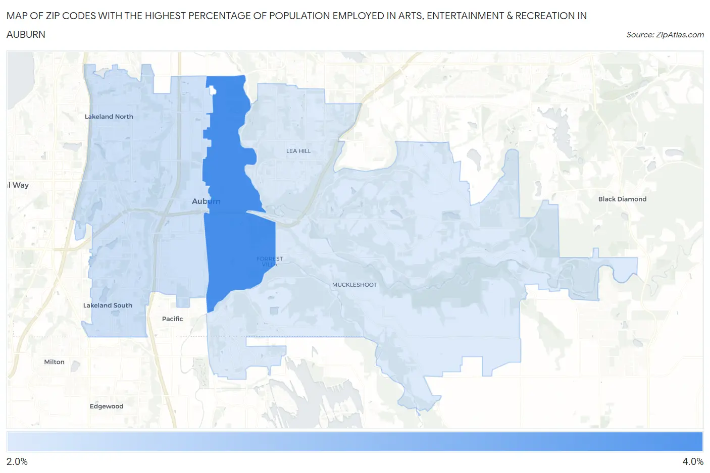 Zip Codes with the Highest Percentage of Population Employed in Arts, Entertainment & Recreation in Auburn Map