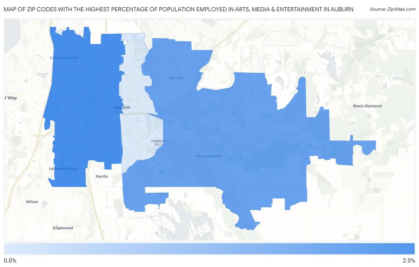Zip Codes with the Highest Percentage of Population Employed in Arts, Media & Entertainment in Auburn Map