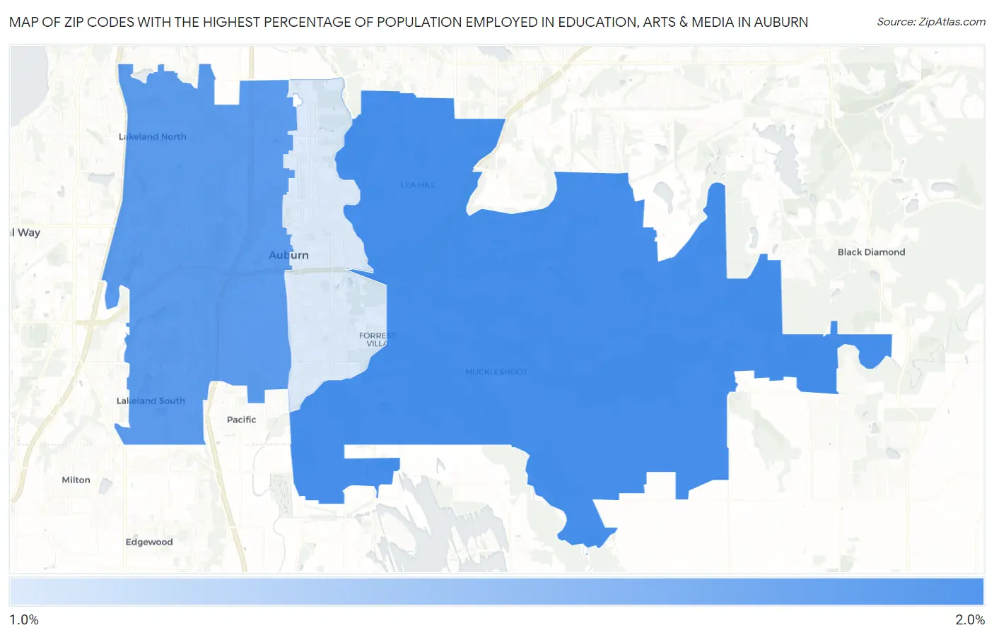 Zip Codes with the Highest Percentage of Population Employed in Education, Arts & Media in Auburn Map