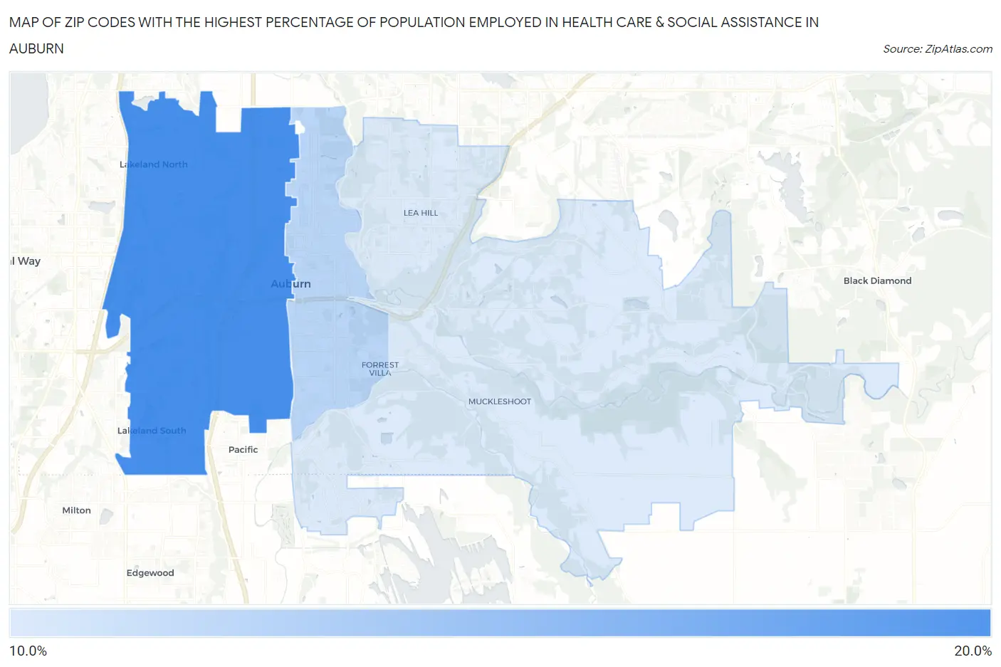 Zip Codes with the Highest Percentage of Population Employed in Health Care & Social Assistance in Auburn Map