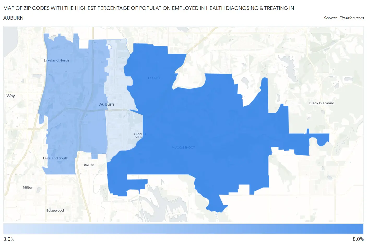 Zip Codes with the Highest Percentage of Population Employed in Health Diagnosing & Treating in Auburn Map