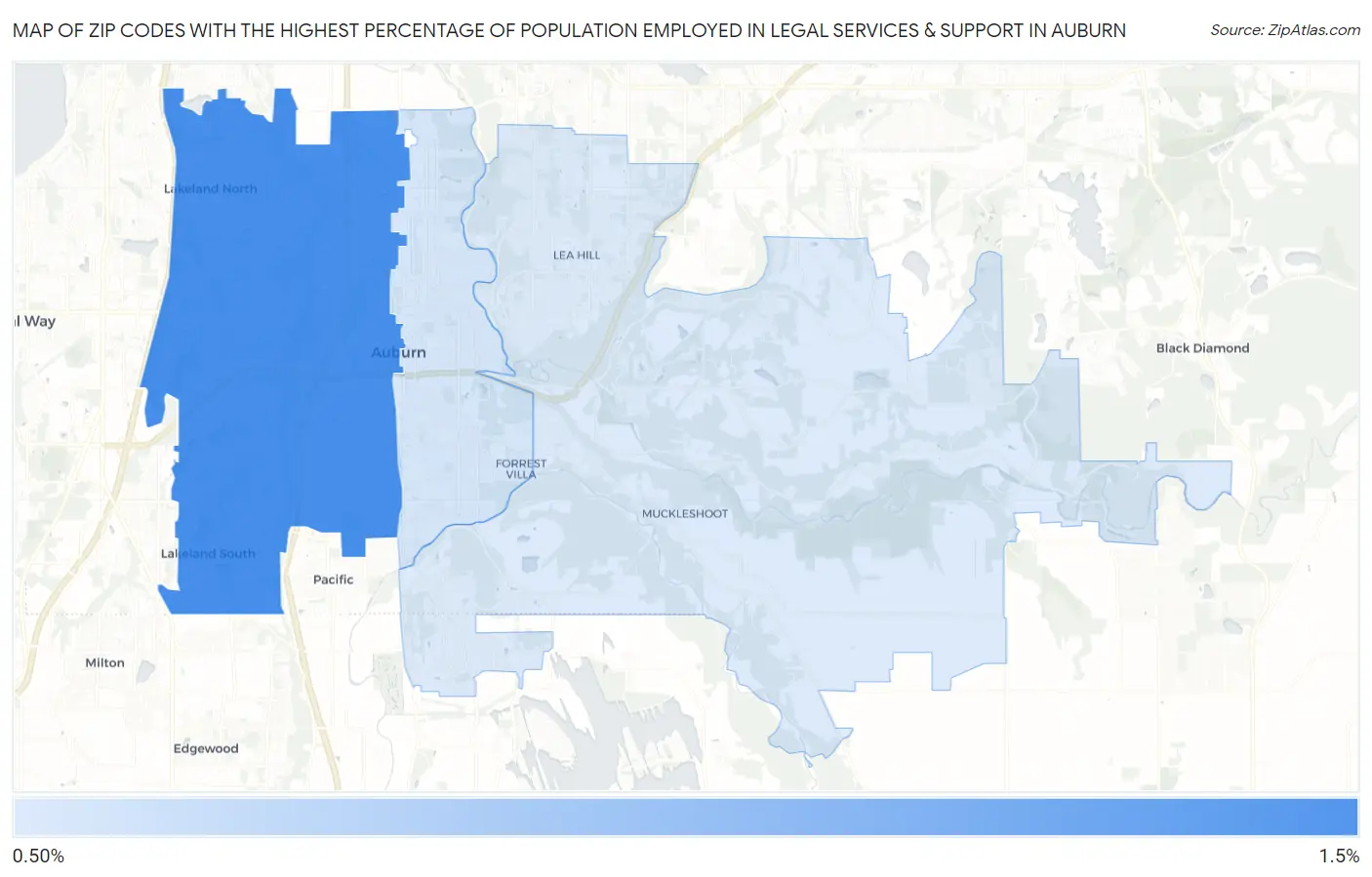 Zip Codes with the Highest Percentage of Population Employed in Legal Services & Support in Auburn Map