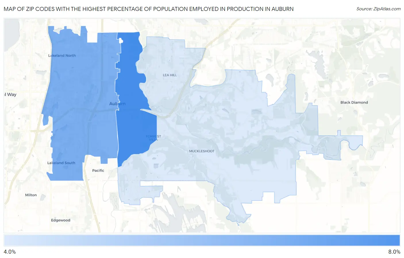 Zip Codes with the Highest Percentage of Population Employed in Production in Auburn Map
