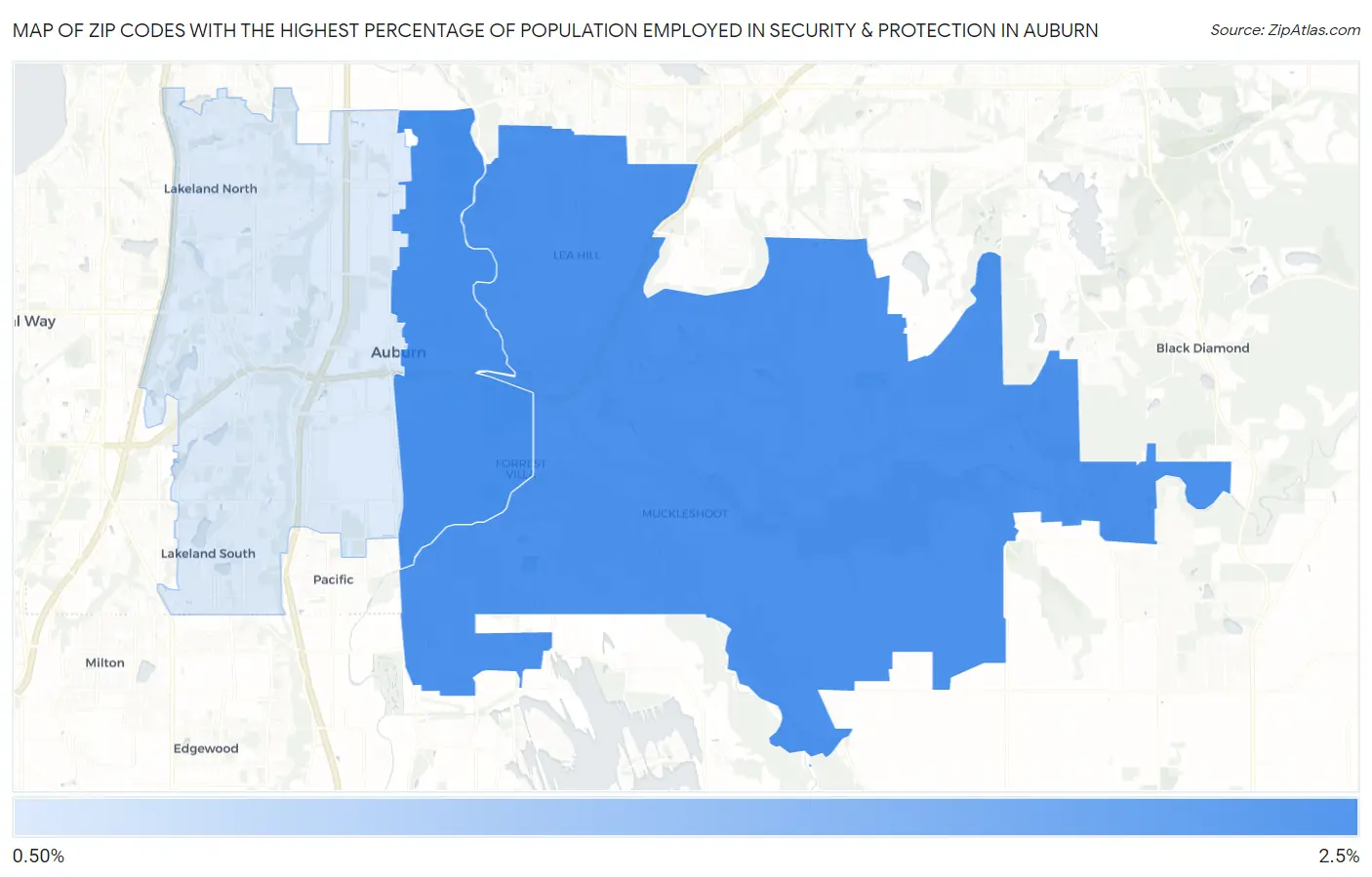 Zip Codes with the Highest Percentage of Population Employed in Security & Protection in Auburn Map