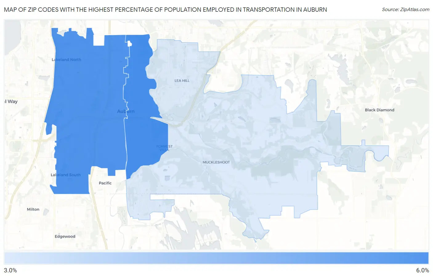 Zip Codes with the Highest Percentage of Population Employed in Transportation in Auburn Map