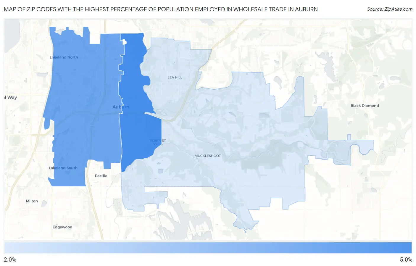 Zip Codes with the Highest Percentage of Population Employed in Wholesale Trade in Auburn Map