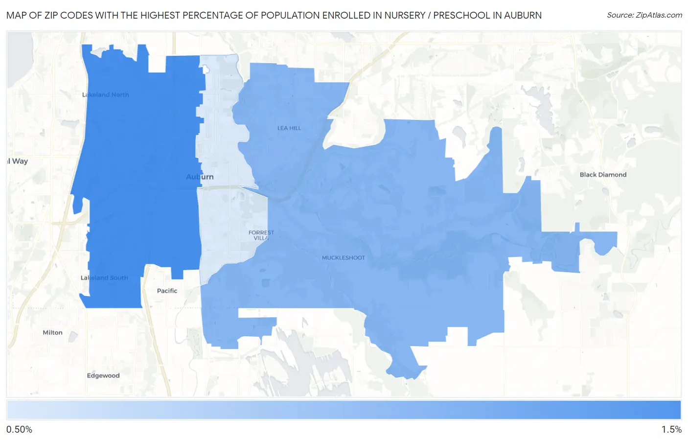 Zip Codes with the Highest Percentage of Population Enrolled in Nursery / Preschool in Auburn Map