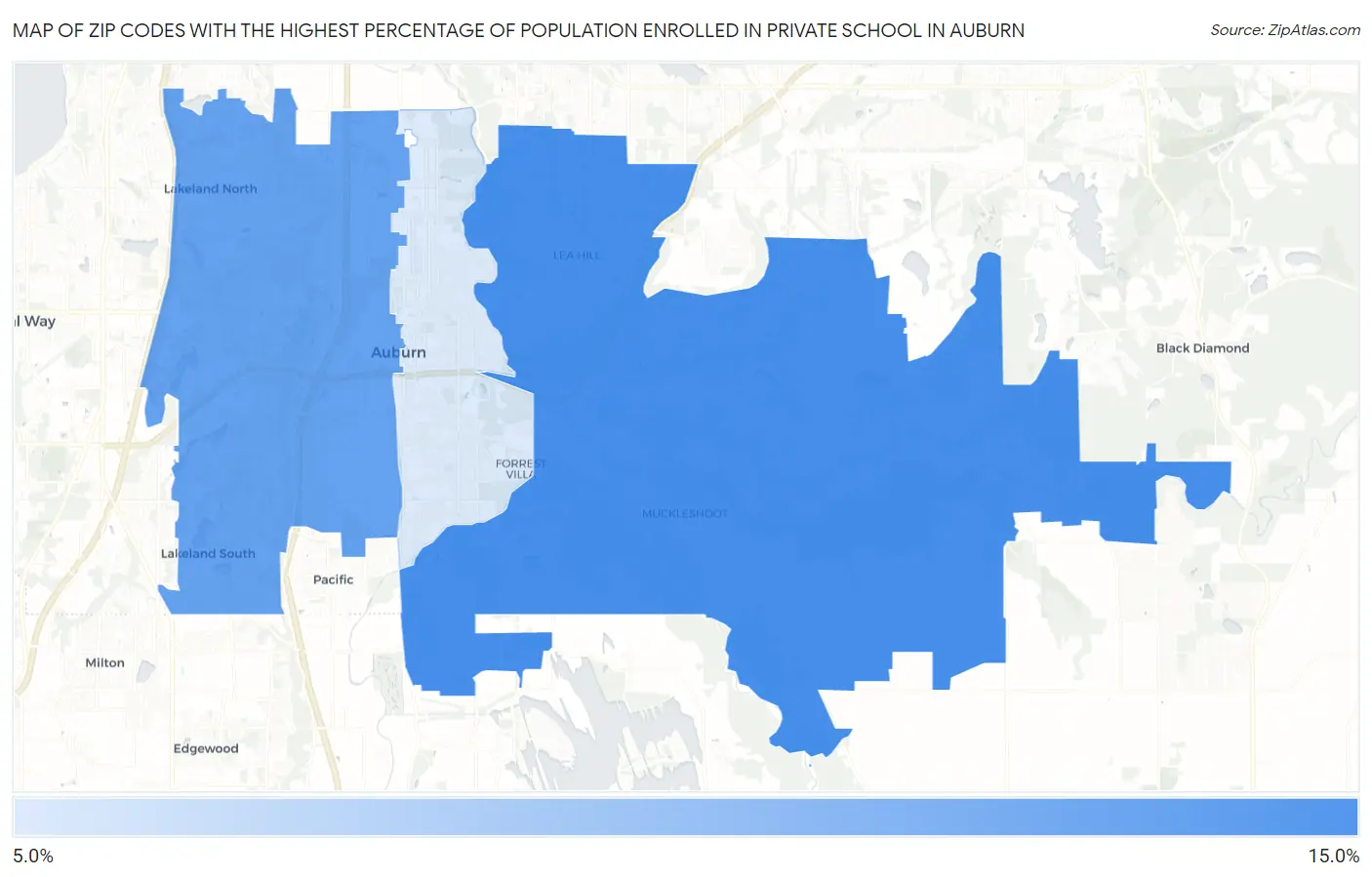 Zip Codes with the Highest Percentage of Population Enrolled in Private School in Auburn Map