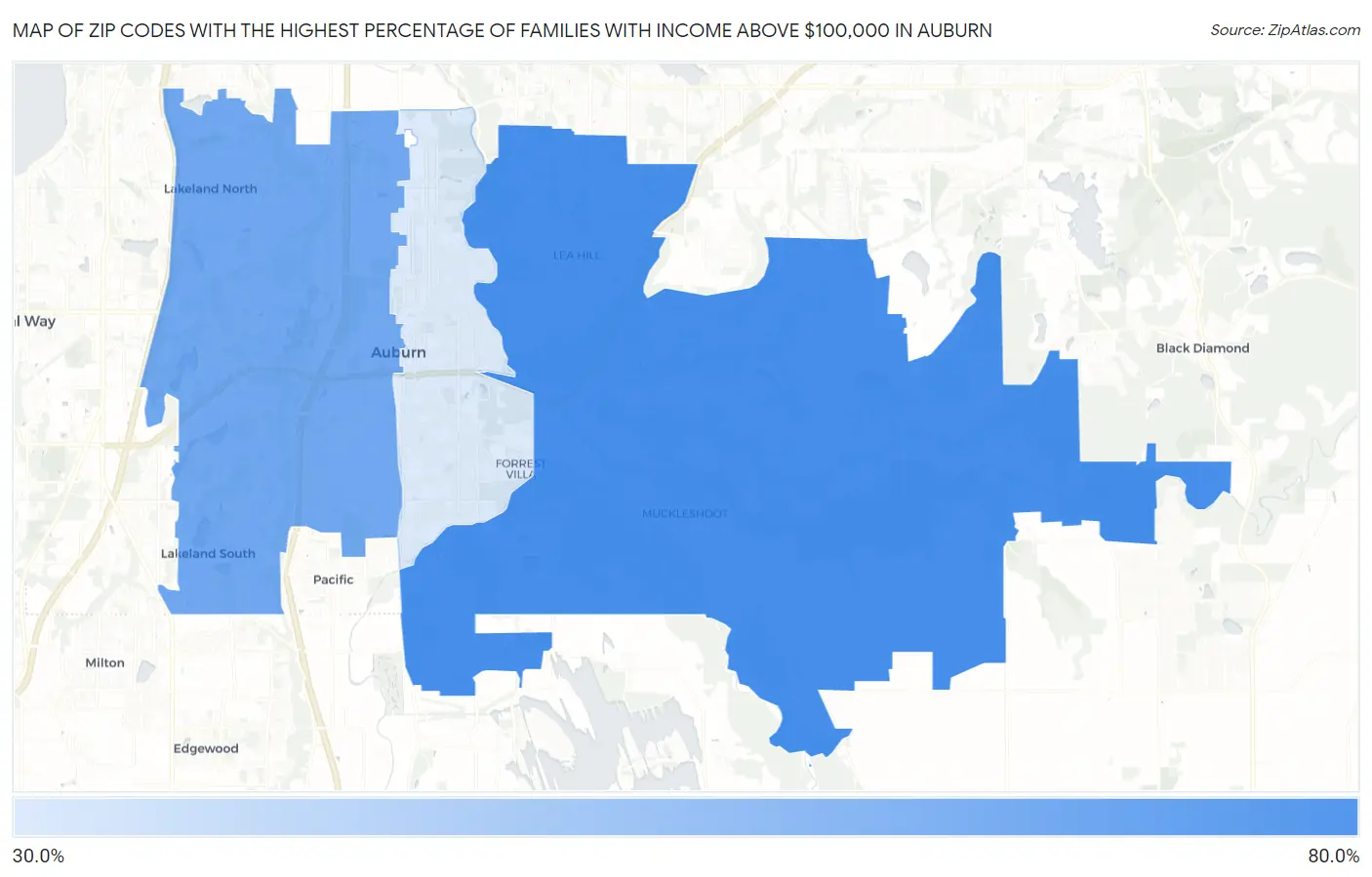 Zip Codes with the Highest Percentage of Families with Income Above $100,000 in Auburn Map