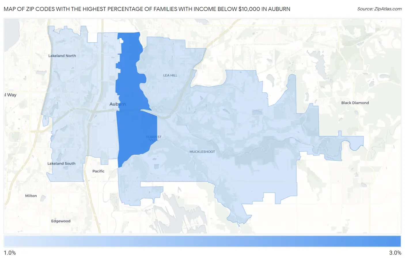 Zip Codes with the Highest Percentage of Families with Income Below $10,000 in Auburn Map