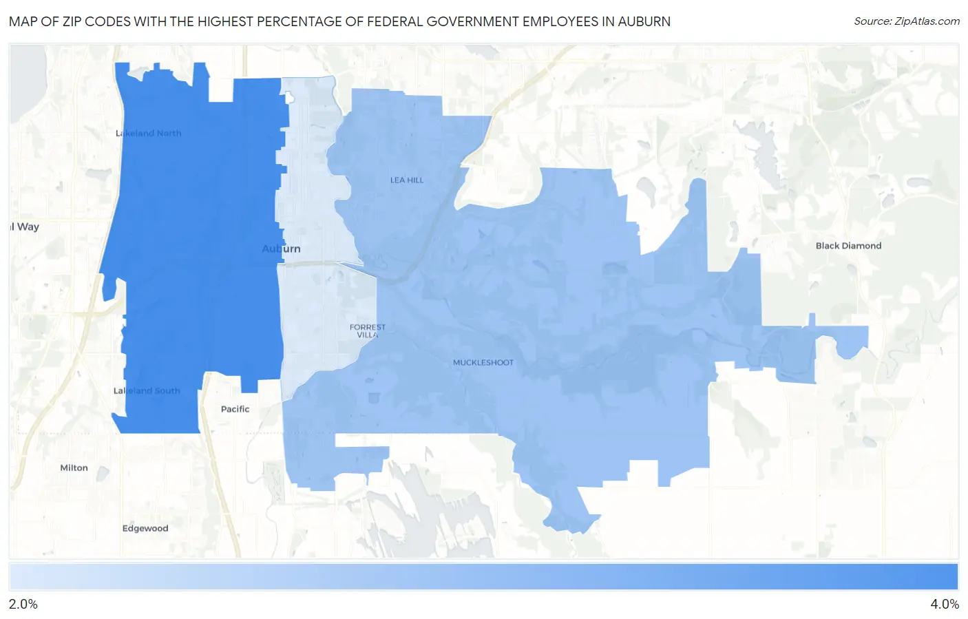 Zip Codes with the Highest Percentage of Federal Government Employees in Auburn Map