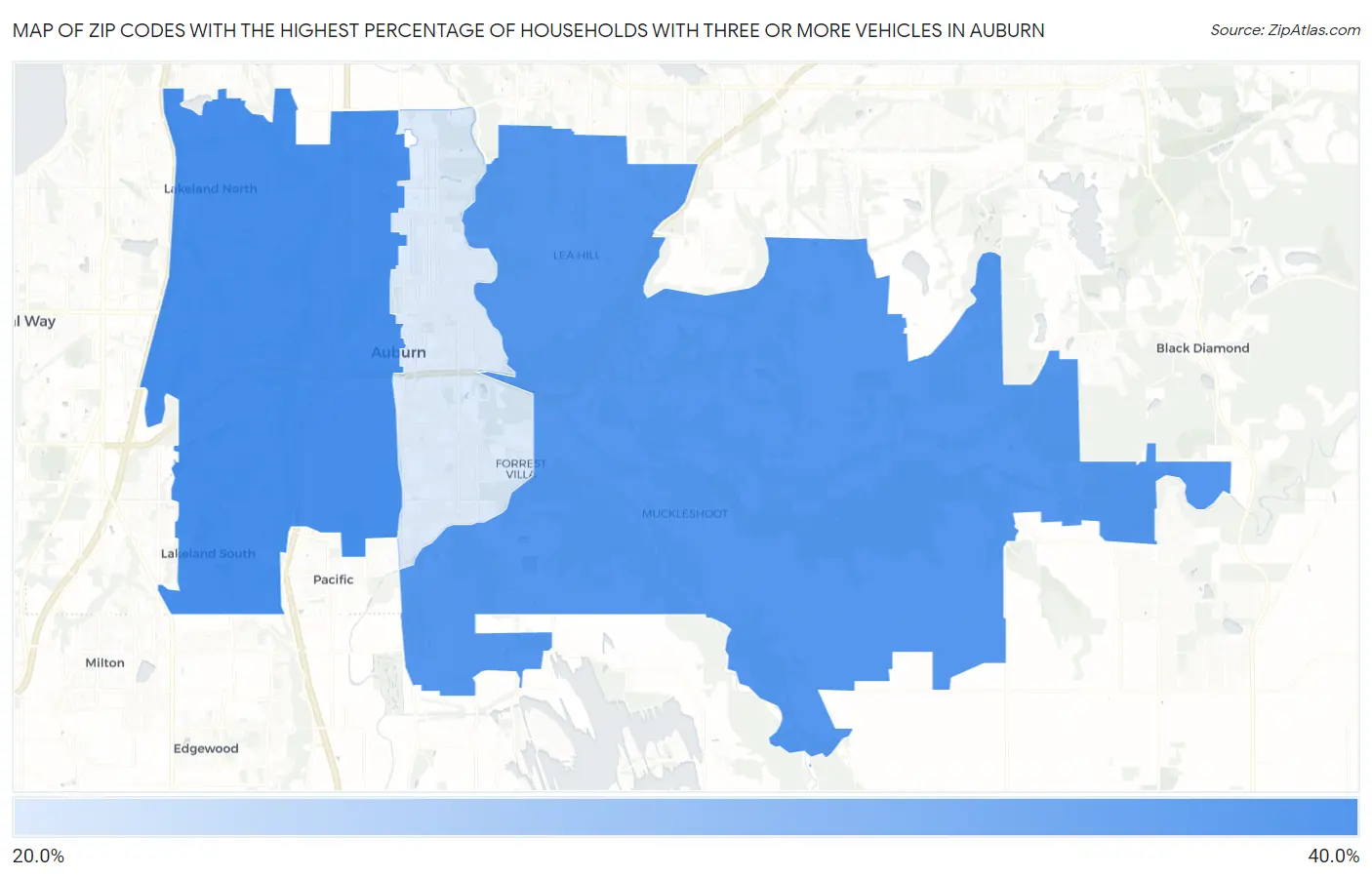 Zip Codes with the Highest Percentage of Households With Three or more Vehicles in Auburn Map