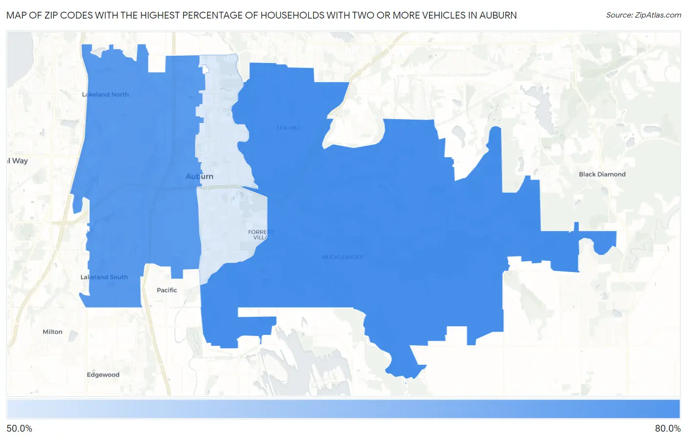 Zip Codes with the Highest Percentage of Households With Two or more Vehicles in Auburn Map