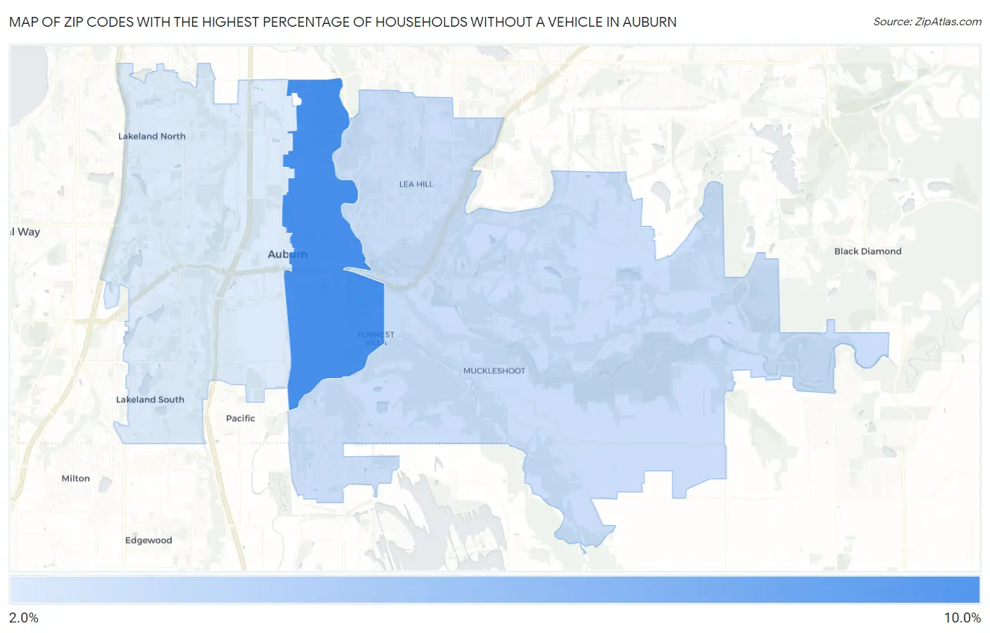 Zip Codes with the Highest Percentage of Households Without a Vehicle in Auburn Map