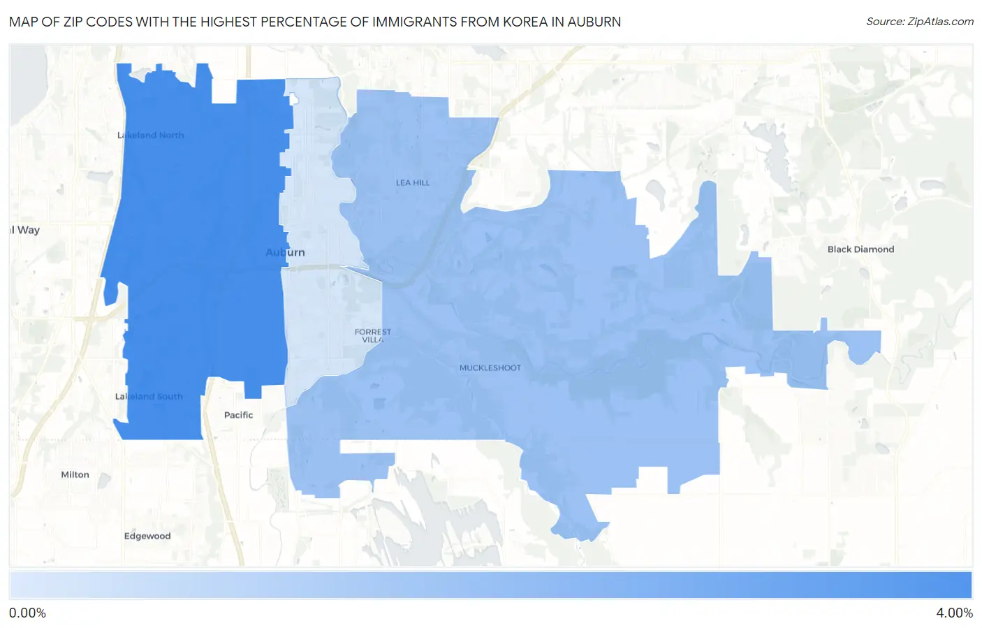 Zip Codes with the Highest Percentage of Immigrants from Korea in Auburn Map