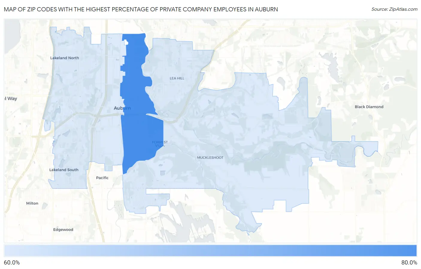 Zip Codes with the Highest Percentage of Private Company Employees in Auburn Map