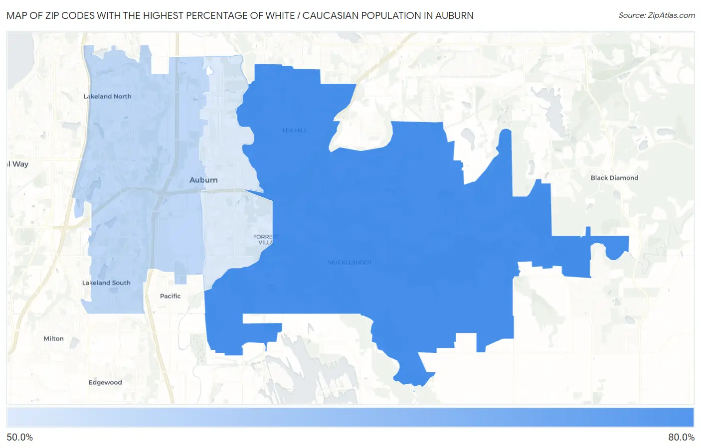 Zip Codes with the Highest Percentage of White / Caucasian Population in Auburn Map