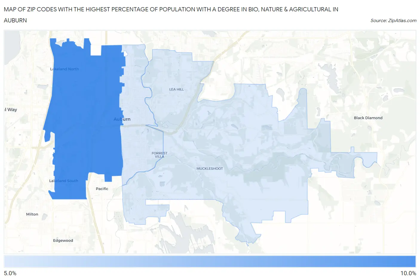 Zip Codes with the Highest Percentage of Population with a Degree in Bio, Nature & Agricultural in Auburn Map