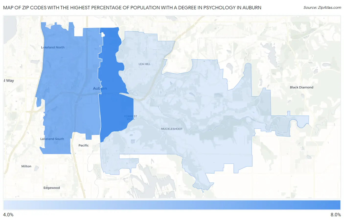 Zip Codes with the Highest Percentage of Population with a Degree in Psychology in Auburn Map