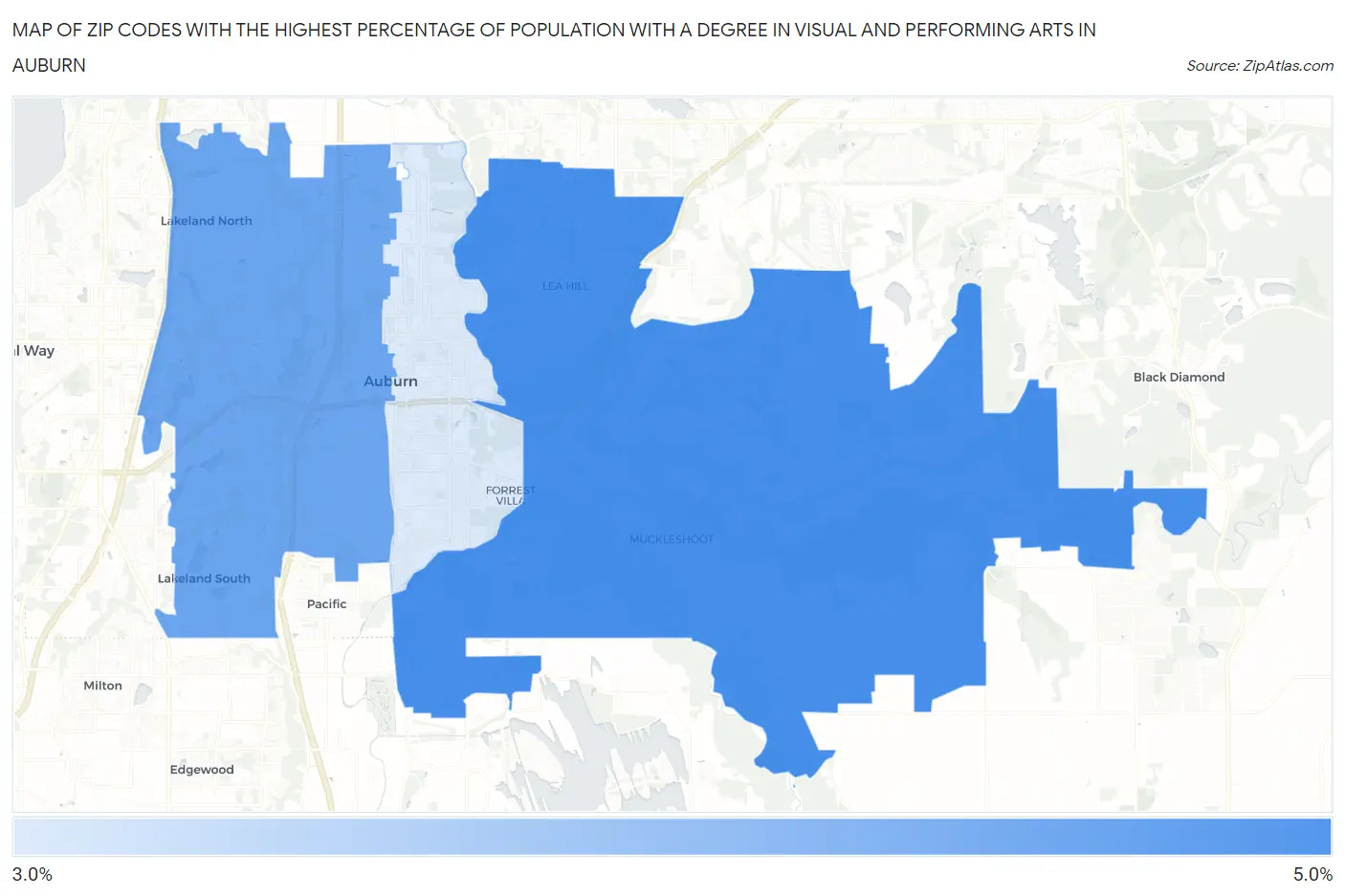 Zip Codes with the Highest Percentage of Population with a Degree in Visual and Performing Arts in Auburn Map