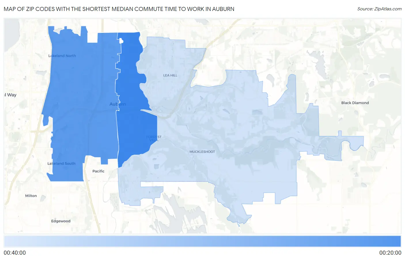 Zip Codes with the Shortest Median Commute Time to Work in Auburn Map