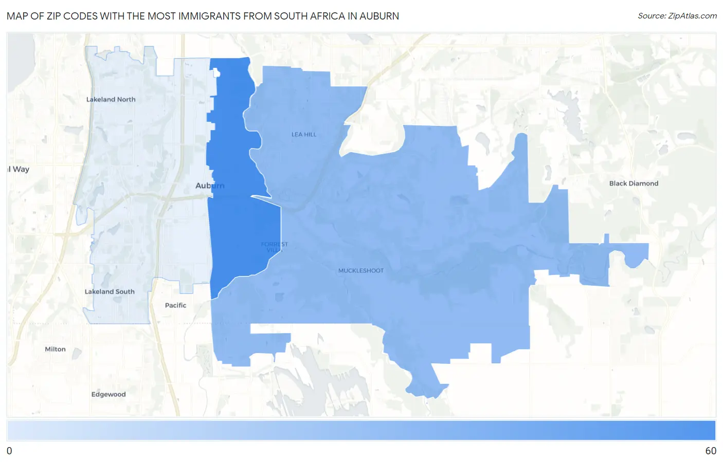 Zip Codes with the Most Immigrants from South Africa in Auburn Map