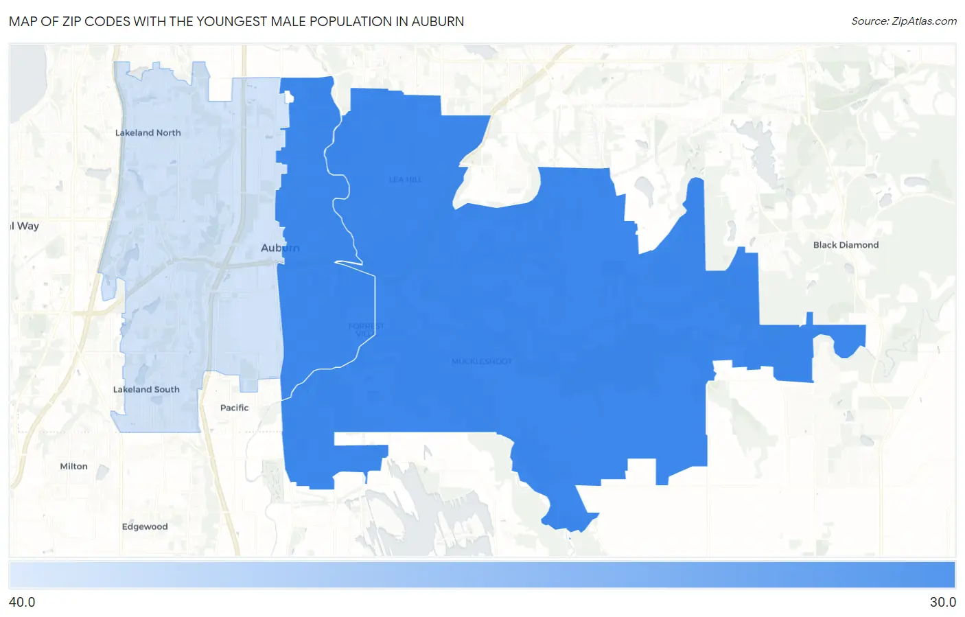 Zip Codes with the Youngest Male Population in Auburn Map