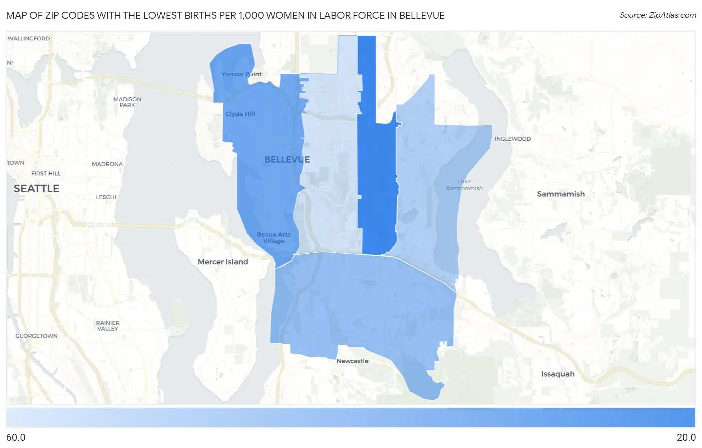 Zip Codes with the Lowest Births per 1,000 Women in Labor Force in Bellevue Map