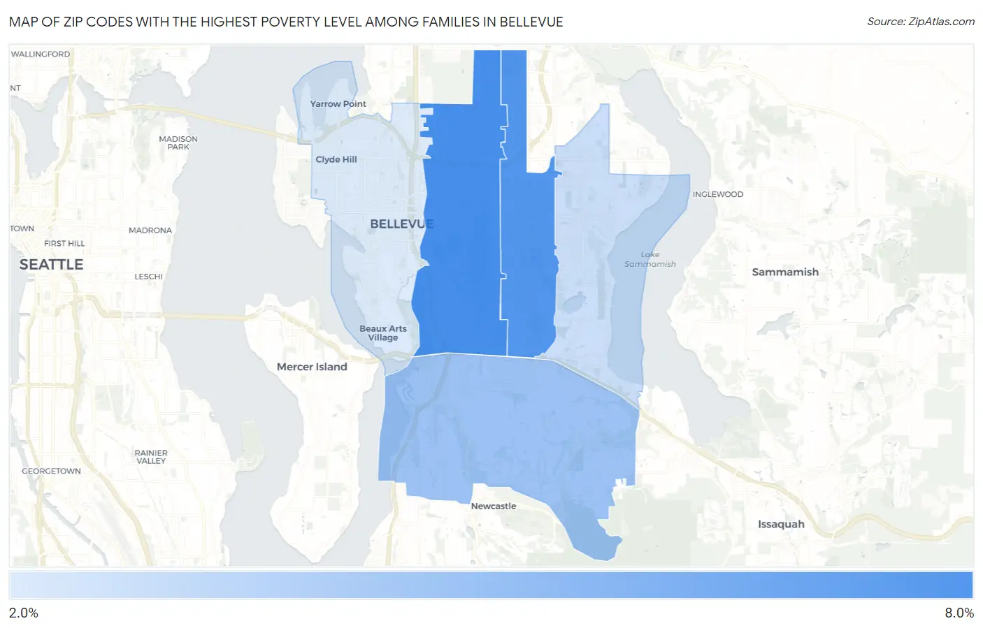 Zip Codes with the Highest Poverty Level Among Families in Bellevue Map