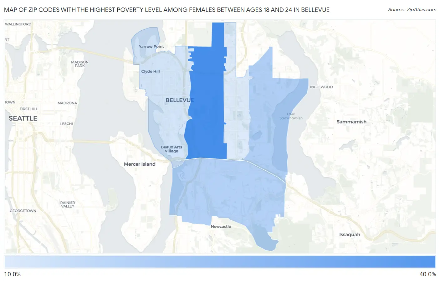 Zip Codes with the Highest Poverty Level Among Females Between Ages 18 and 24 in Bellevue Map