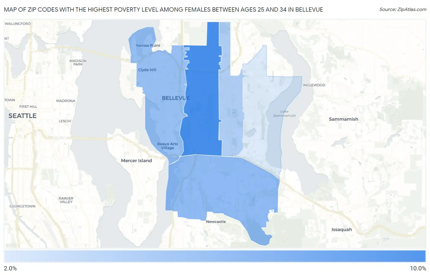 Zip Codes with the Highest Poverty Level Among Females Between Ages 25 and 34 in Bellevue Map
