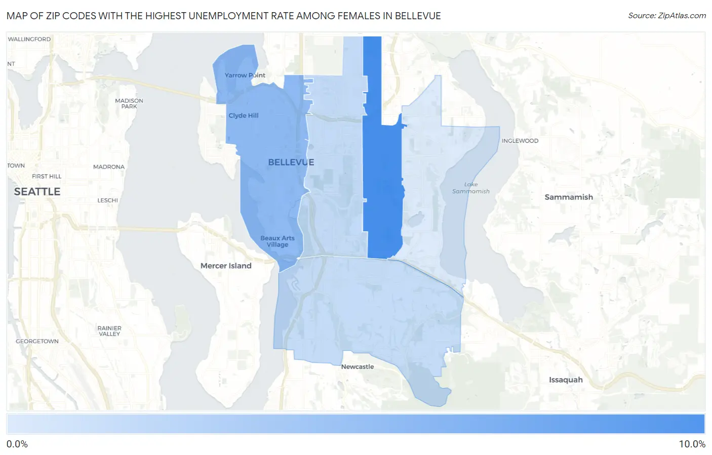 Zip Codes with the Highest Unemployment Rate Among Females in Bellevue Map