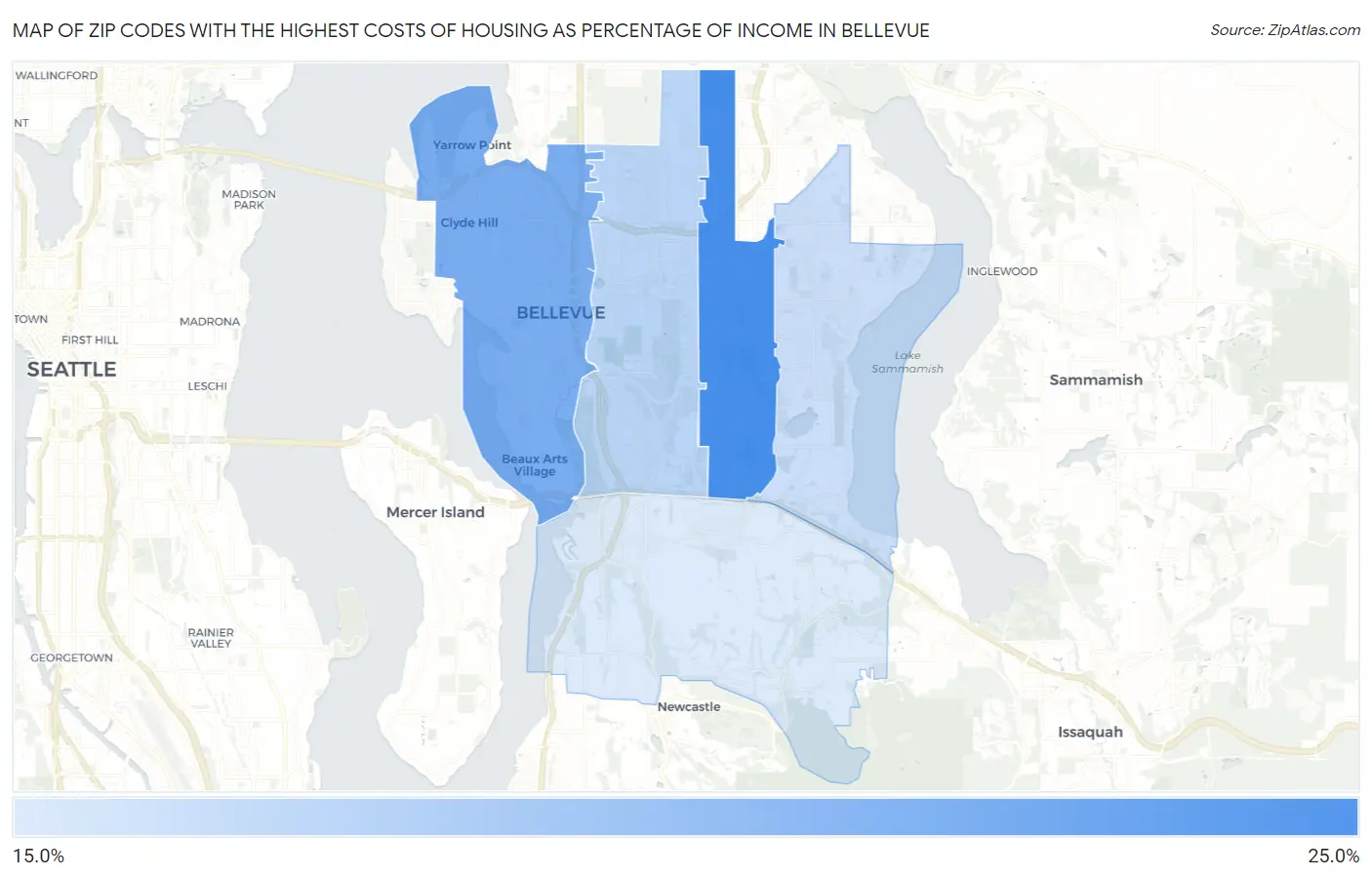 Zip Codes with the Highest Costs of Housing as Percentage of Income in Bellevue Map