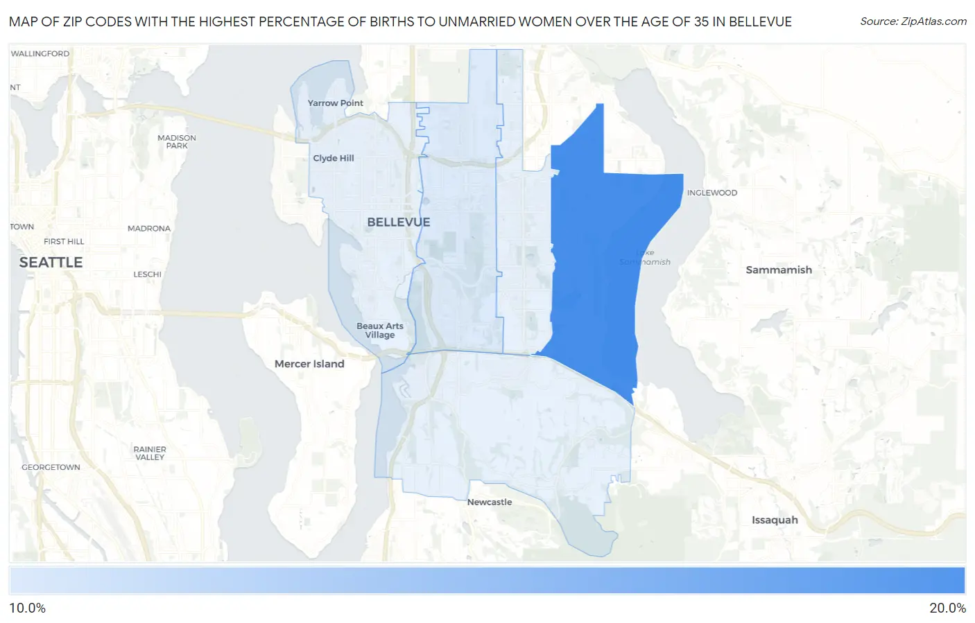 Zip Codes with the Highest Percentage of Births to Unmarried Women over the Age of 35 in Bellevue Map