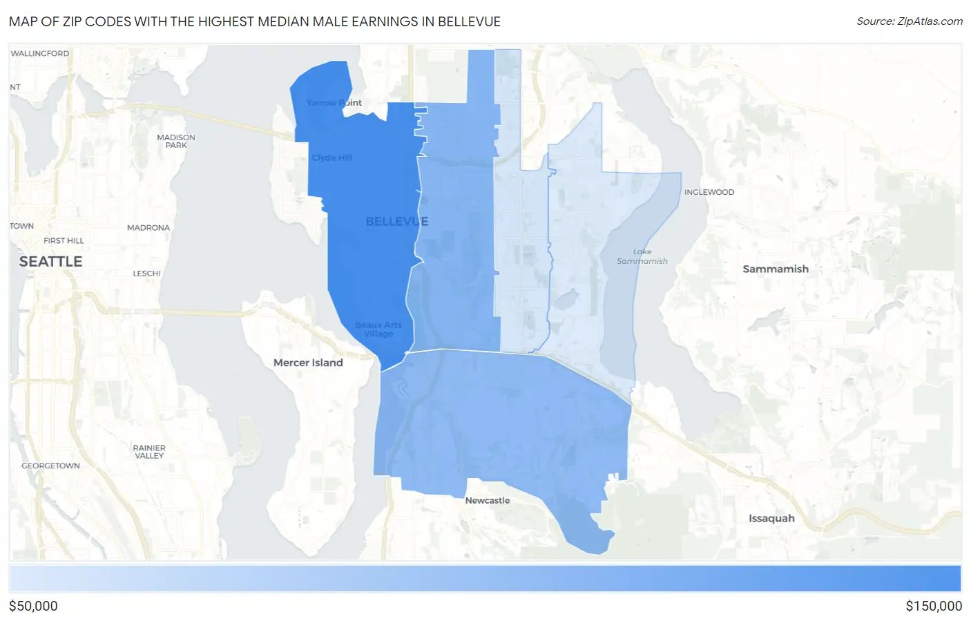 Zip Codes with the Highest Median Male Earnings in Bellevue Map