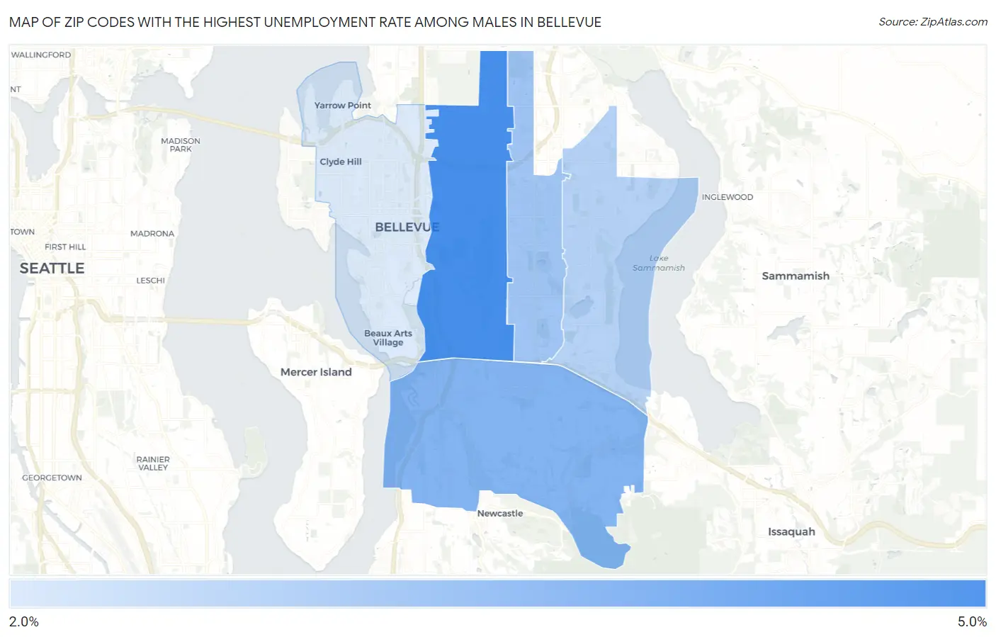 Zip Codes with the Highest Unemployment Rate Among Males in Bellevue Map