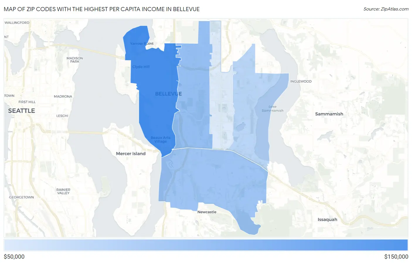 Zip Codes with the Highest Per Capita Income in Bellevue Map