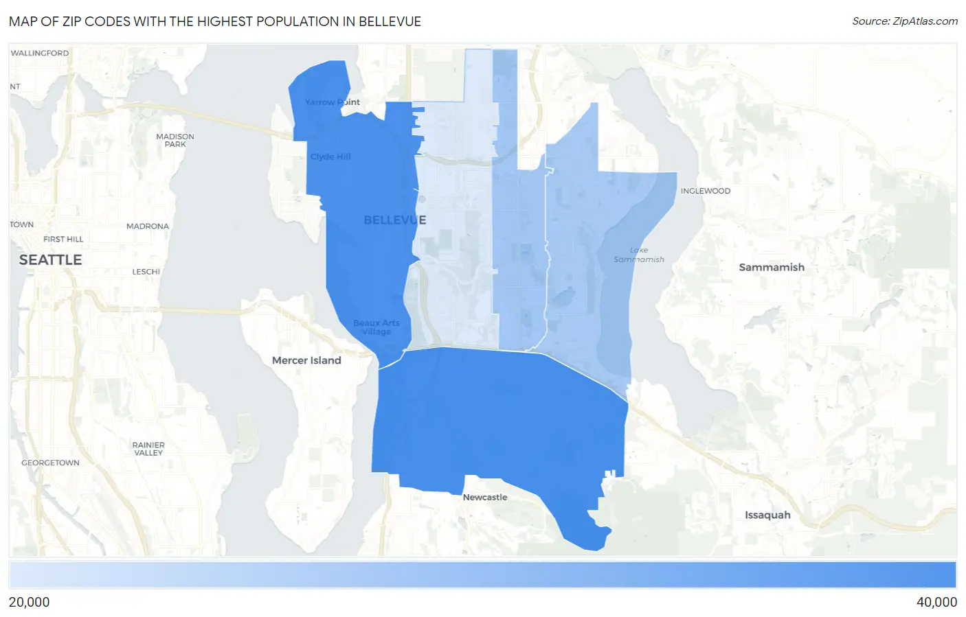 Zip Codes with the Highest Population in Bellevue Map