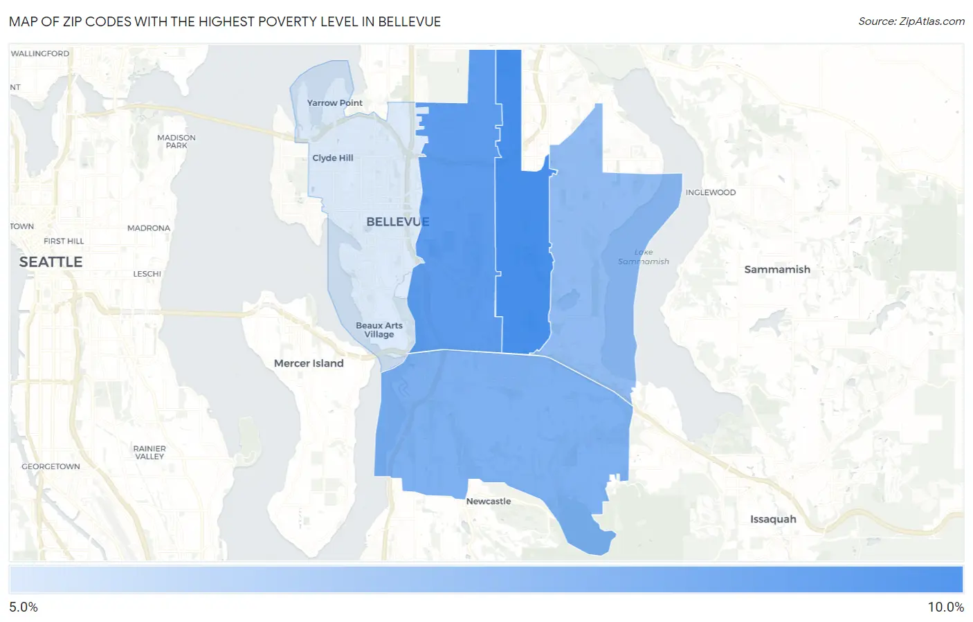 Zip Codes with the Highest Poverty Level in Bellevue Map