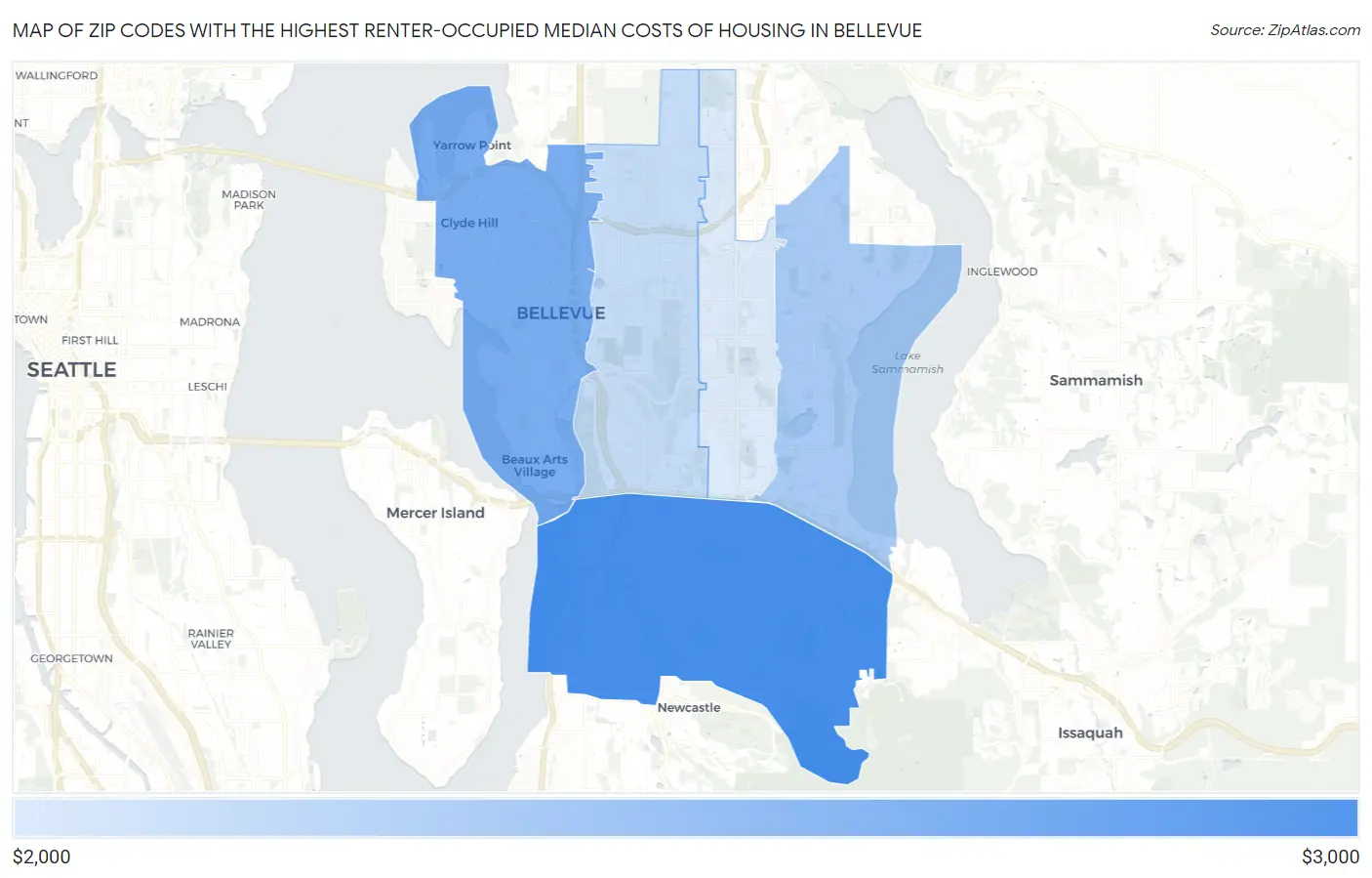 Zip Codes with the Highest Renter-Occupied Median Costs of Housing in Bellevue Map