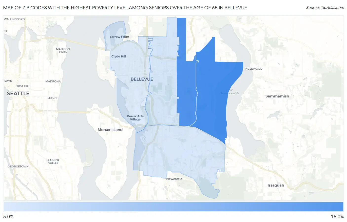 Zip Codes with the Highest Poverty Level Among Seniors Over the Age of 65 in Bellevue Map