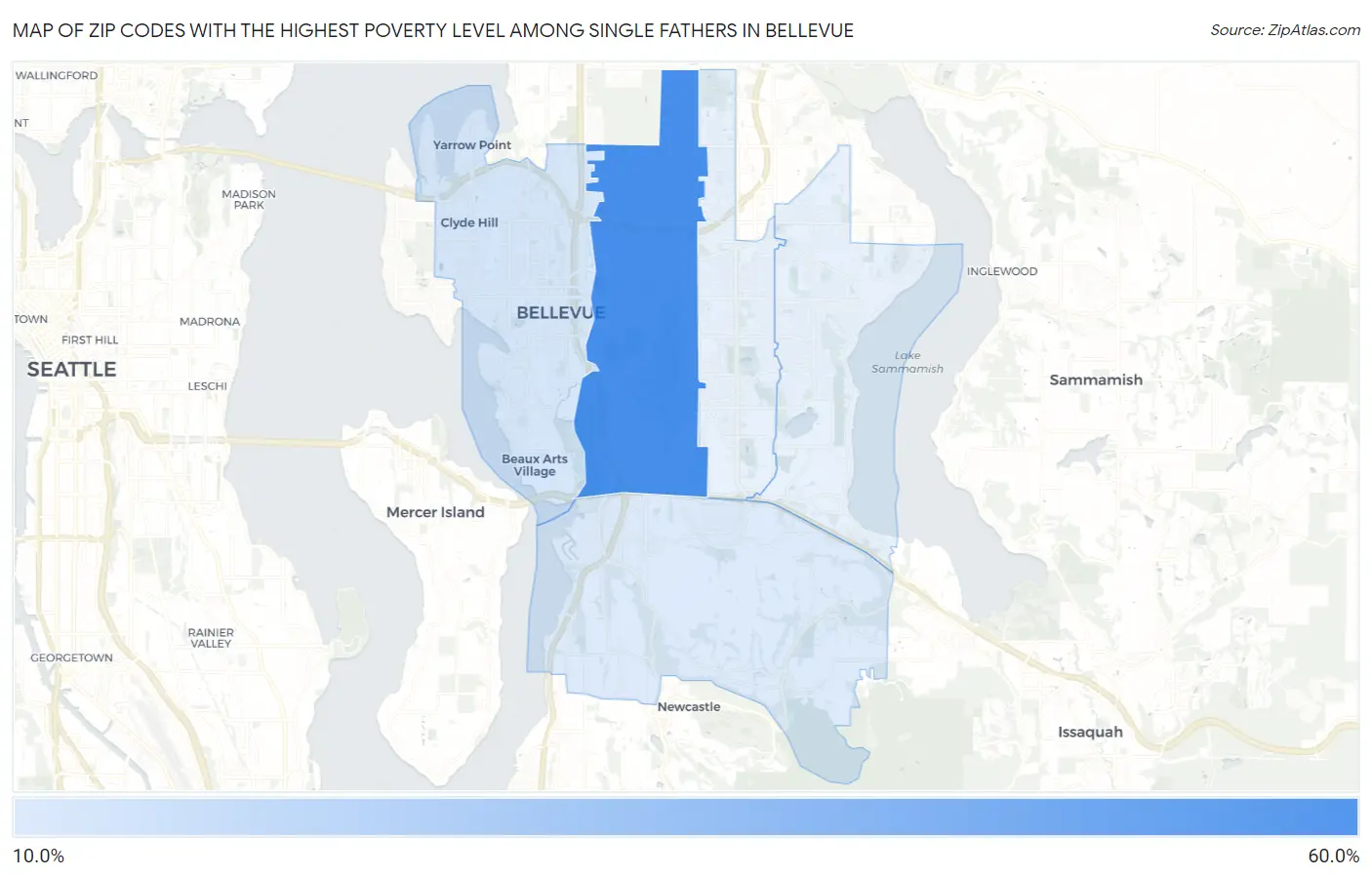 Zip Codes with the Highest Poverty Level Among Single Fathers in Bellevue Map