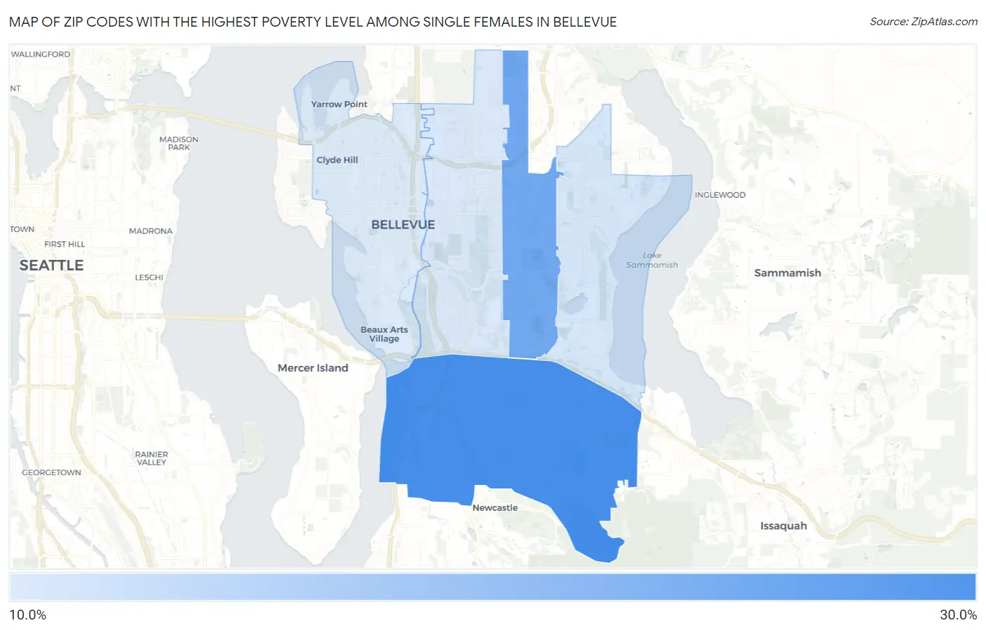 Zip Codes with the Highest Poverty Level Among Single Females in Bellevue Map