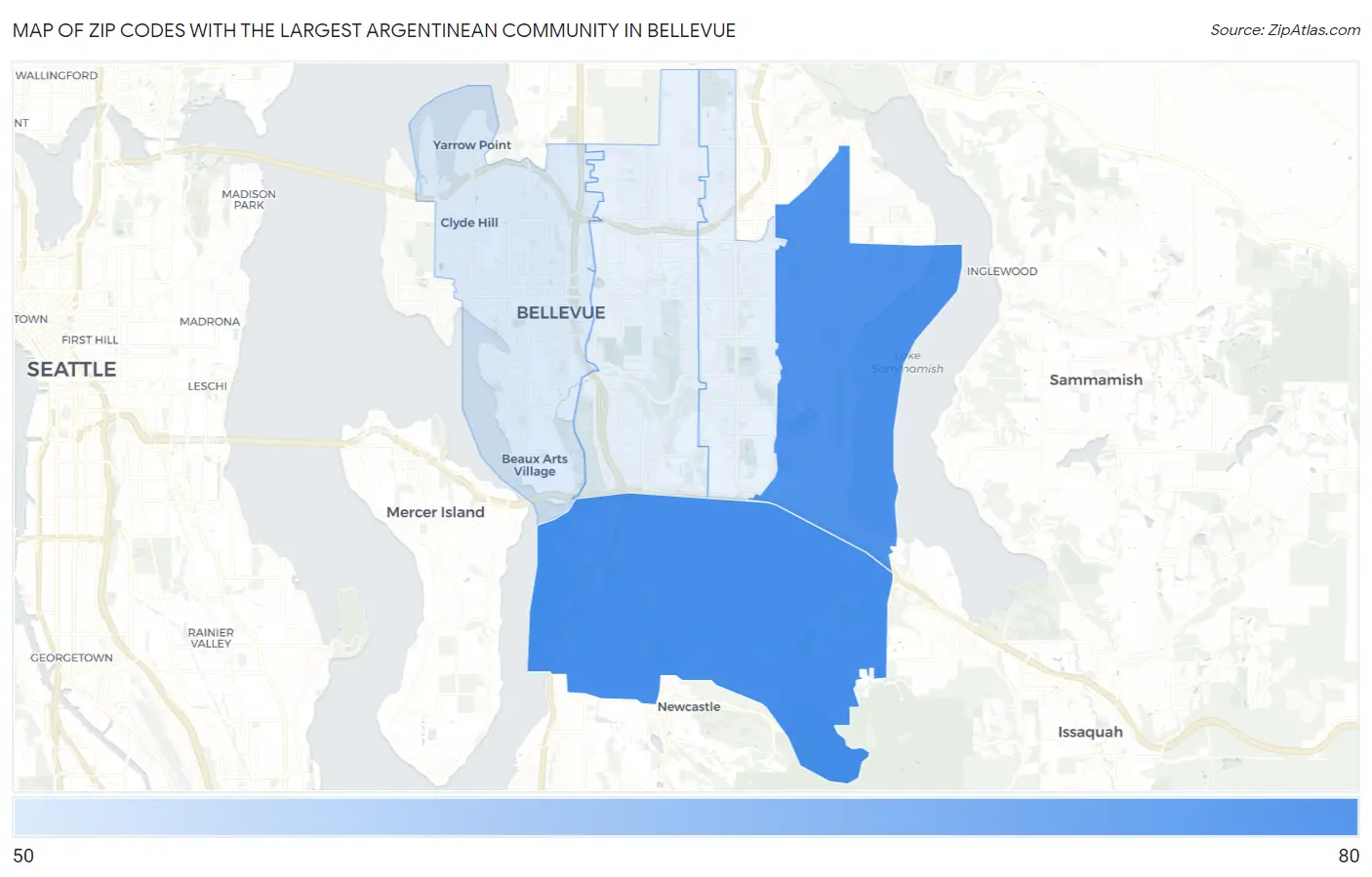 Zip Codes with the Largest Argentinean Community in Bellevue Map
