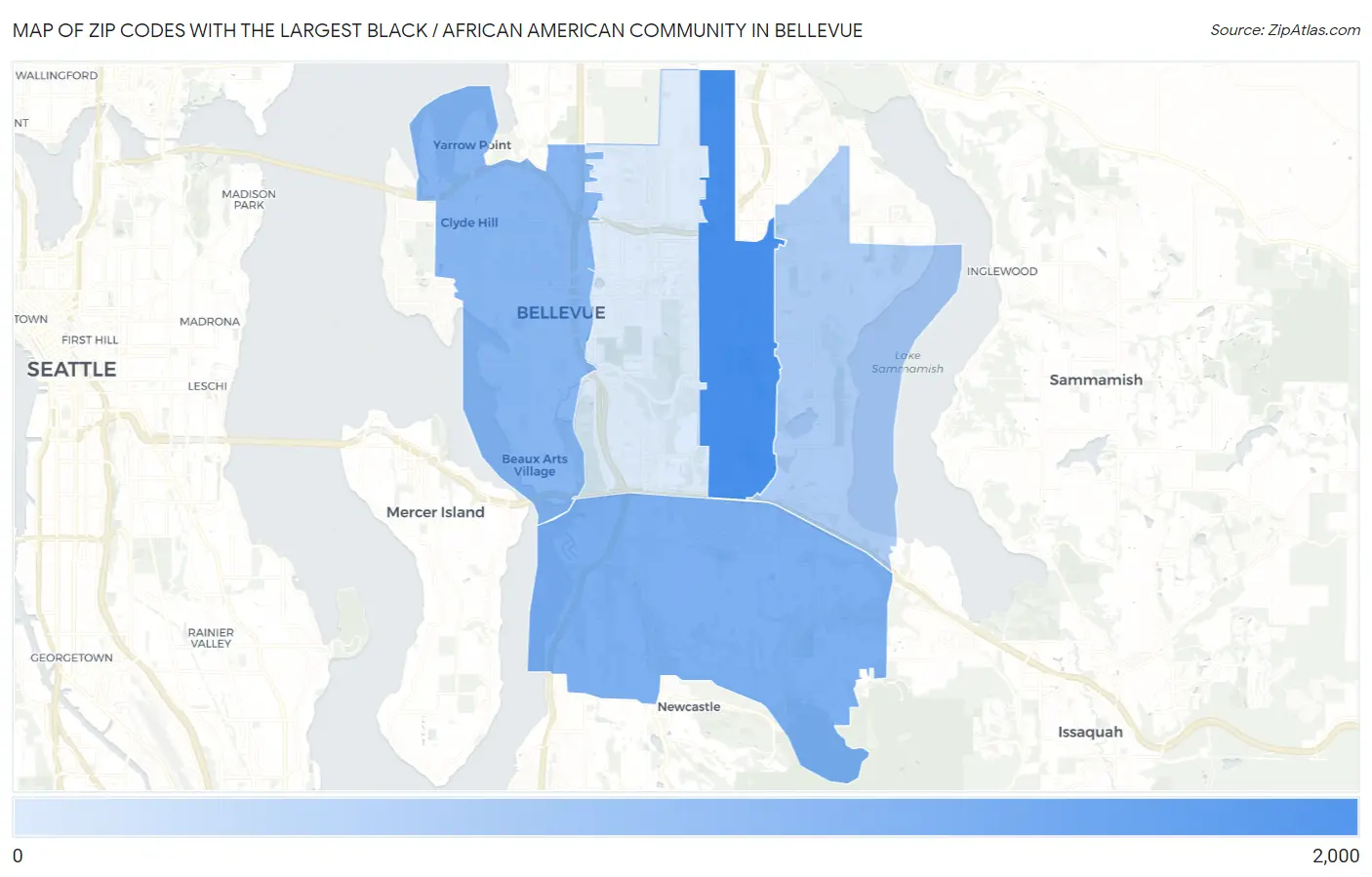 Zip Codes with the Largest Black / African American Community in Bellevue Map