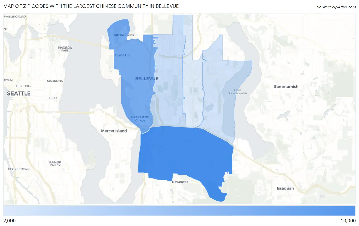 Zip Codes with the Largest Chinese Community in Bellevue Map