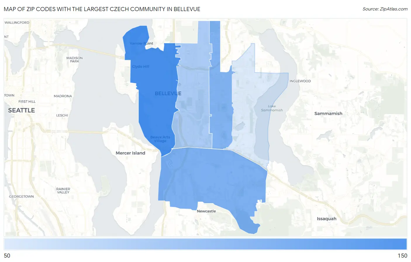 Zip Codes with the Largest Czech Community in Bellevue Map